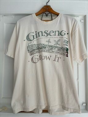 Ginseng Grow It! Size L Graphic Tee - Cream, Green, Brown - small batch - 2000s
